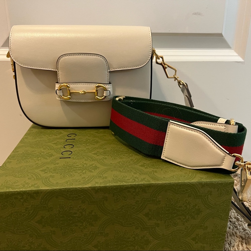 Gucci Horsebit 1955 mini bag. White leather/made in Italy. Retail was: $3,250.